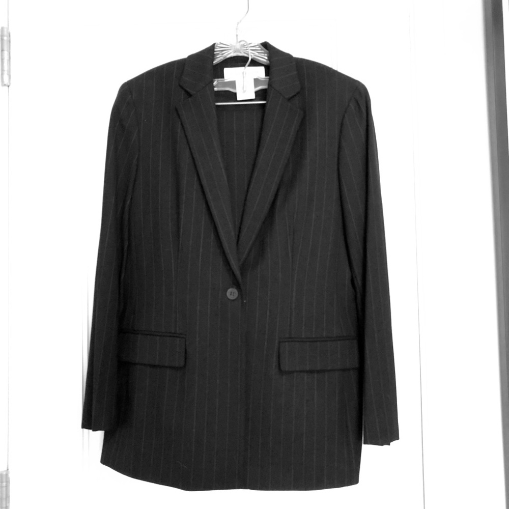 Black Jones New York pinstripe wool pantsuit
